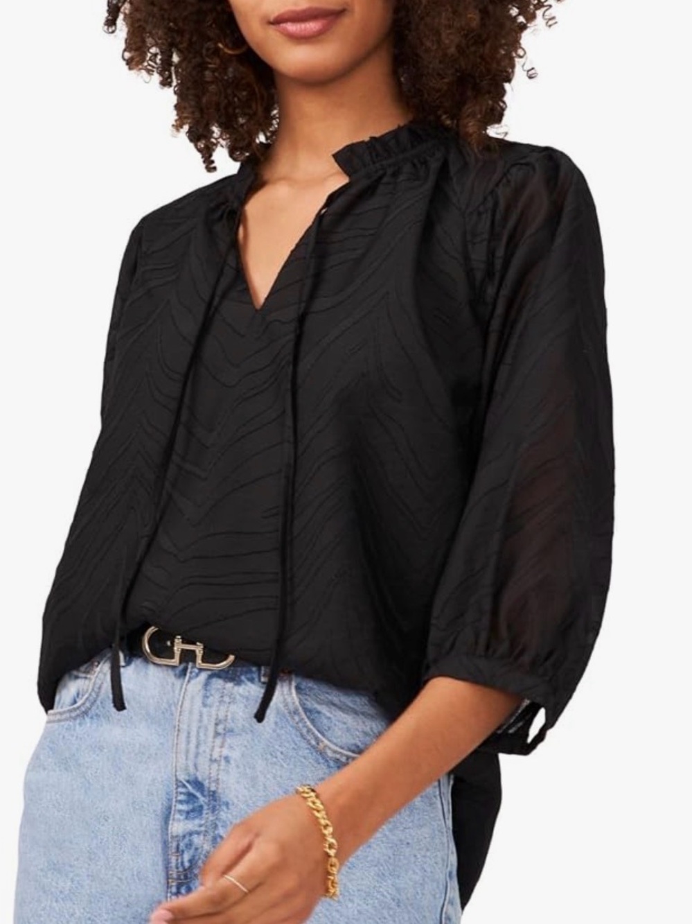 NWT. Vince Camuto Black Textured Ruffle-Trim V-Neck Blouse